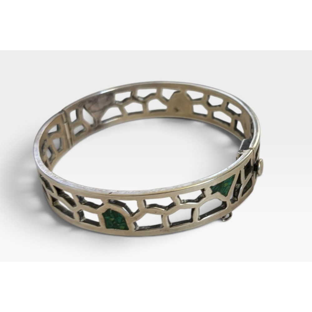Vintage Taxco 925 Sterling Silver Malachite Geometric Openwork Hinged Bangle